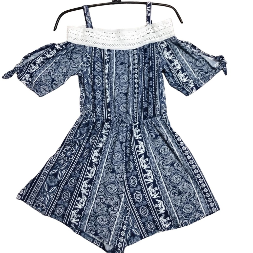 Heart & Arrow off the shoulder short sleeve navy & cream romper